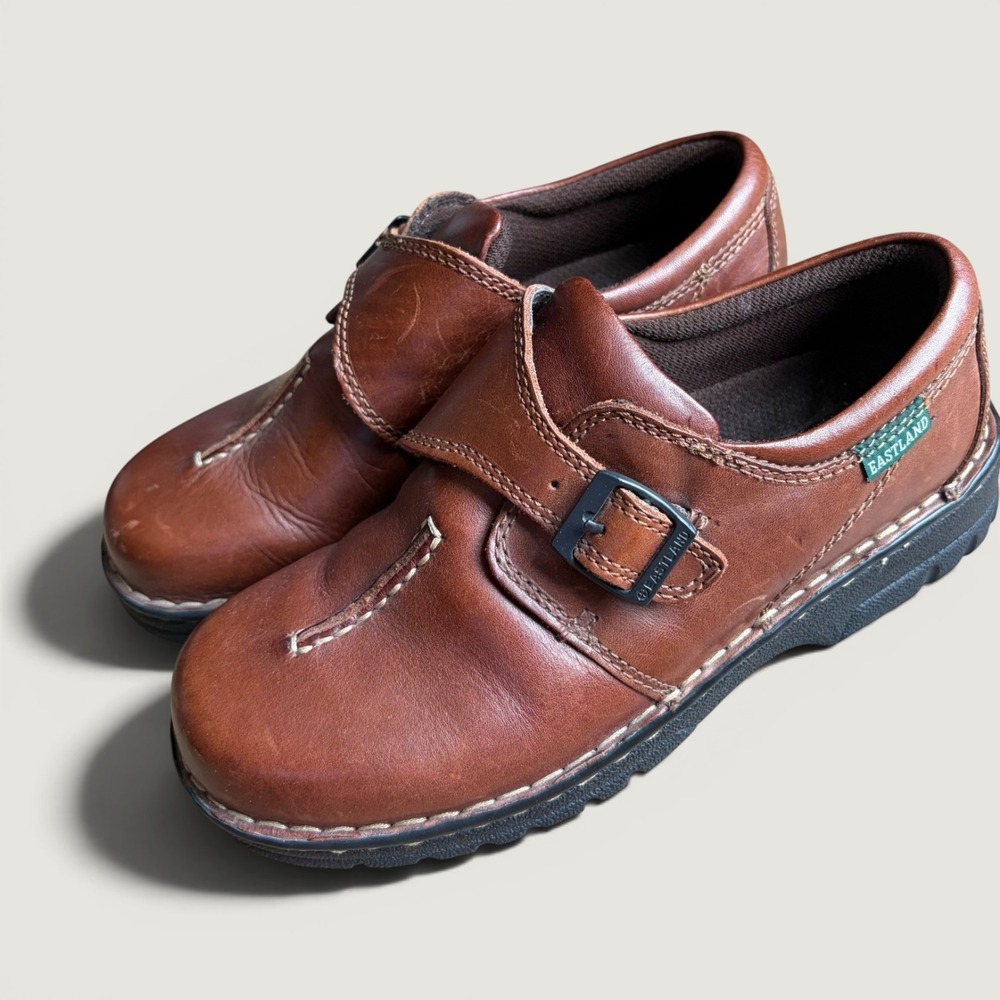 Eastland Sz 8.5 Brown Leather Monk Strap Loafers Y2K Center Seam Lug Sole Shoes